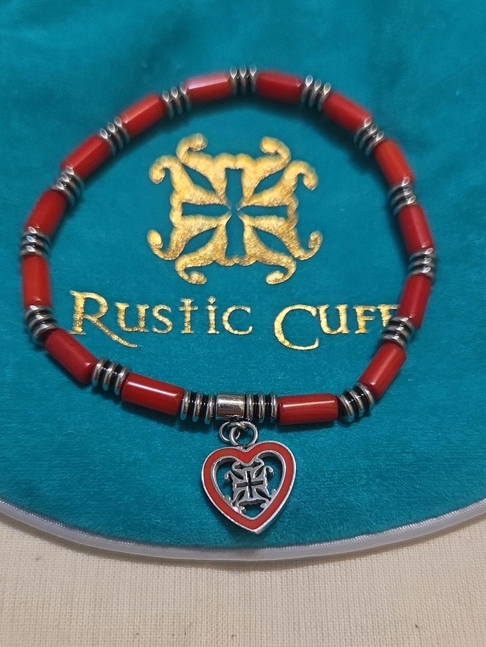 Rustic Cuff Red Beaded Bracelet with Heart Charm